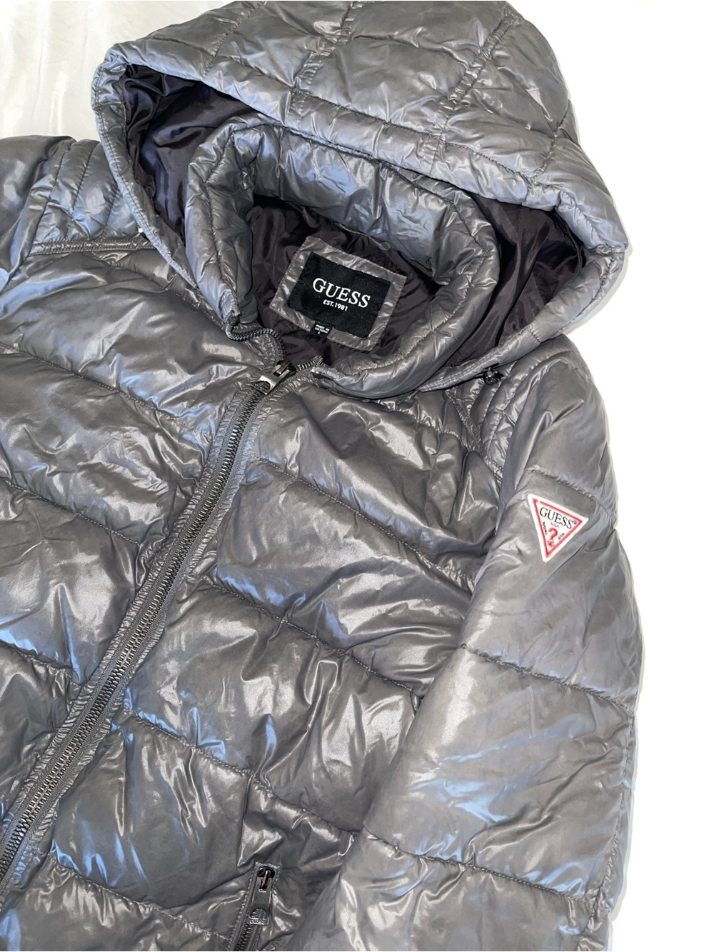 Guess Shiny Gray Quilted Hooded Puffer Jacket - Picture 2 of 4